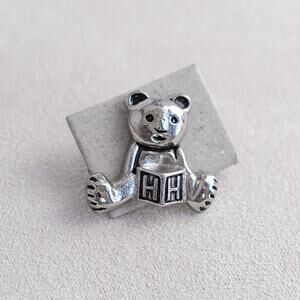Vintage Teddy with Block Bear Small Pin Letter H Button Silver Tone 1" Cute